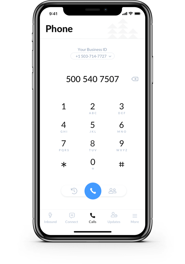 Calls section of the app with number on mobile screen