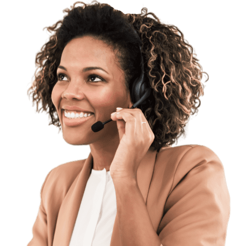 a cheerful live receptionist wearing headphones